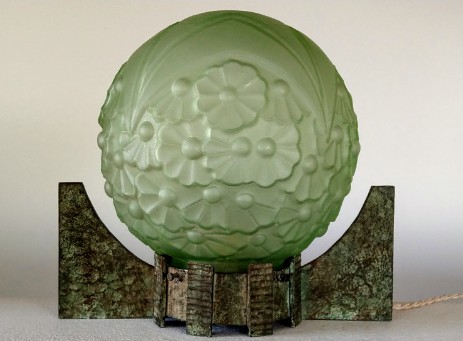 Art Déco Tischleuchte grün Bronze Blumenglas rund