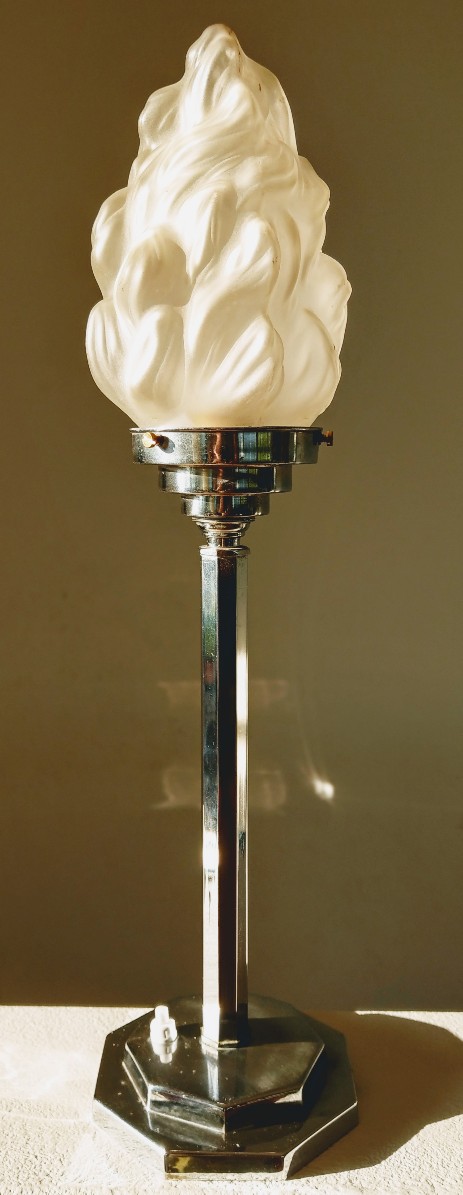 art déco tischleuchte fackel chrom flammenglas 1930