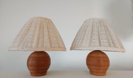 Heimatstil jugendstil nachttischleuchten paar holz gedrechselt gewobene Schirme 1900