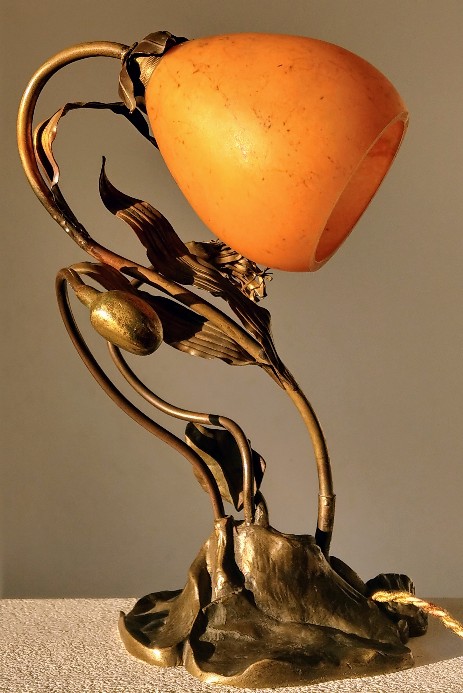 1900 Jugendstil Mohnblumen Leuchte organisch messing signiert france