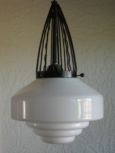 grosse art déco deckenleuchte schmiedeeisen und opalglas, ca 1925