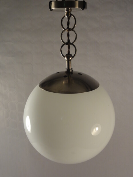 pair b.a.g. turgi bauhaus opalglas hängeleuchte an kurzer nickelkette um 1935