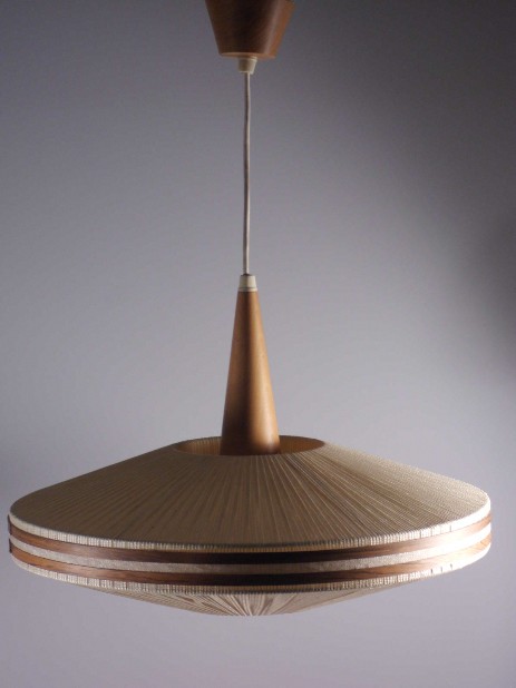 50erjahre teak deckenleuchte mit textilschirm