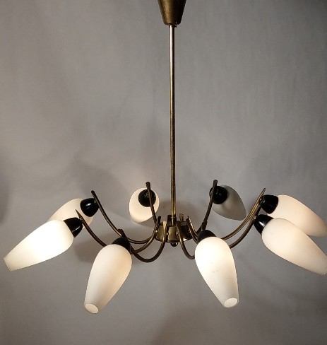 8armige Sputnik Leuchte 1950 Frankreich Opalglas Messing