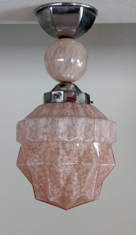 1930 Art déco Deckenleuchte Chrom Glas Rosenquarz