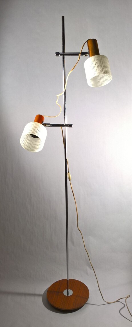 double spot light floor lamp sixties wood glass chrome vintagelamp